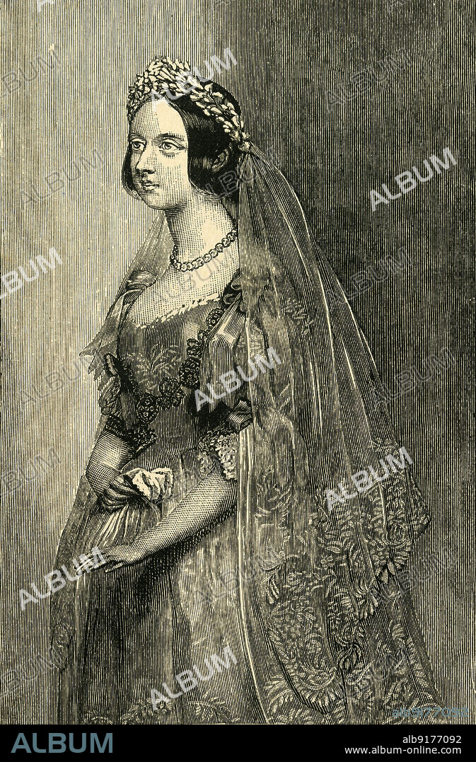 'The Queen on Her Wedding Day', 10 February 1840, (c1897). Queen Victoria in her wedding dress and lace veil. She married Prince Albert of Saxe-Coburg-Gotha in the Chapel Royal of St James's Palace, London. From "The Queen's Resolve and Her Doubly Royal Reign of Sixty Years", by Charles Bullock, B.D. ["Home Words" Publishing Office, London, ].