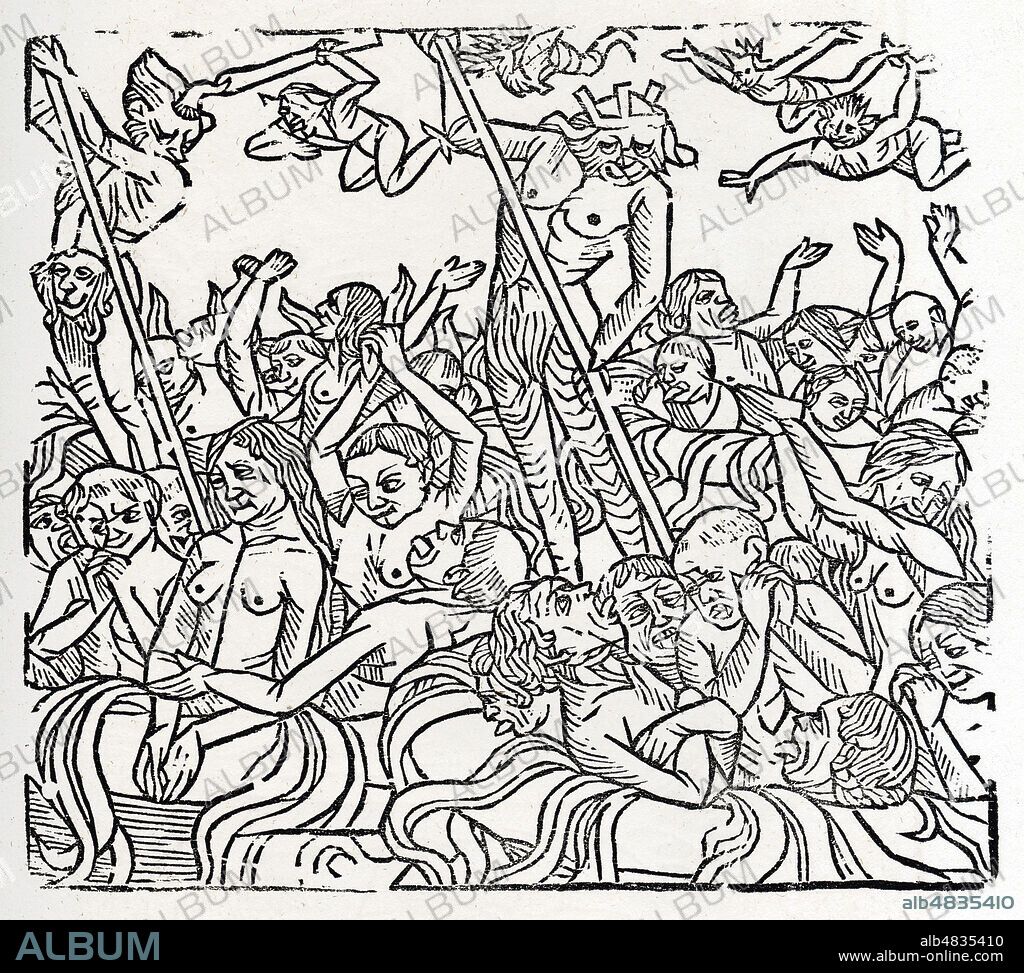 Tableau des damnes dans l'Enfer. Gravure anonyme reprise de La grande Danse macabre de 1728. Reprise en 1854 dans Histoire des livres populaires ou de la litterature de colportage par Charles NISARD (1808-1889). Credit : Collection Jonas/Kharbine-tapabor.