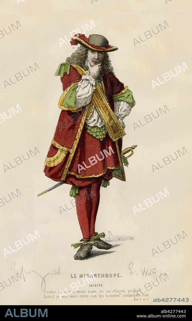 L WOLFF. Alceste, 1868. The character of Alceste, the protagonist and 'misanthrope'  in "Le Misanthrope", a comedy of manners written in verse by Jean Baptiste de Molière, first staged in 1666. From "Oeuvres Complètes De Molière", (Complete Works of Molière), with an introduction by Jules Janin. [F. de P. Mellado, Paris, 1868].