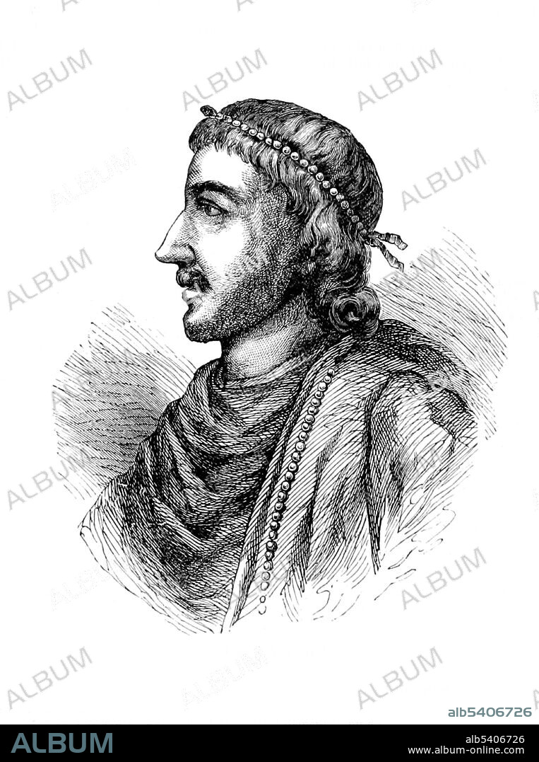 Cnut the Great (995 - November 12,1035) was King of Denmark, England and Norway; often referred to as the North Sea Empire. Yet after the deaths of his heirs within a decade of his own, and the Norman conquest of England in 1066, this legacy was lost. He is popularly invoked in the context of the legend of King Canute and the tide, which often misrepresents him as a deluded monarch believing he has supernatural powers, contrary to the original legend which portrays a wise king who rebuked his courtiers for their fawning behavior. Cassell's Illustrated History of England, 1865 (cropped and cleaned).