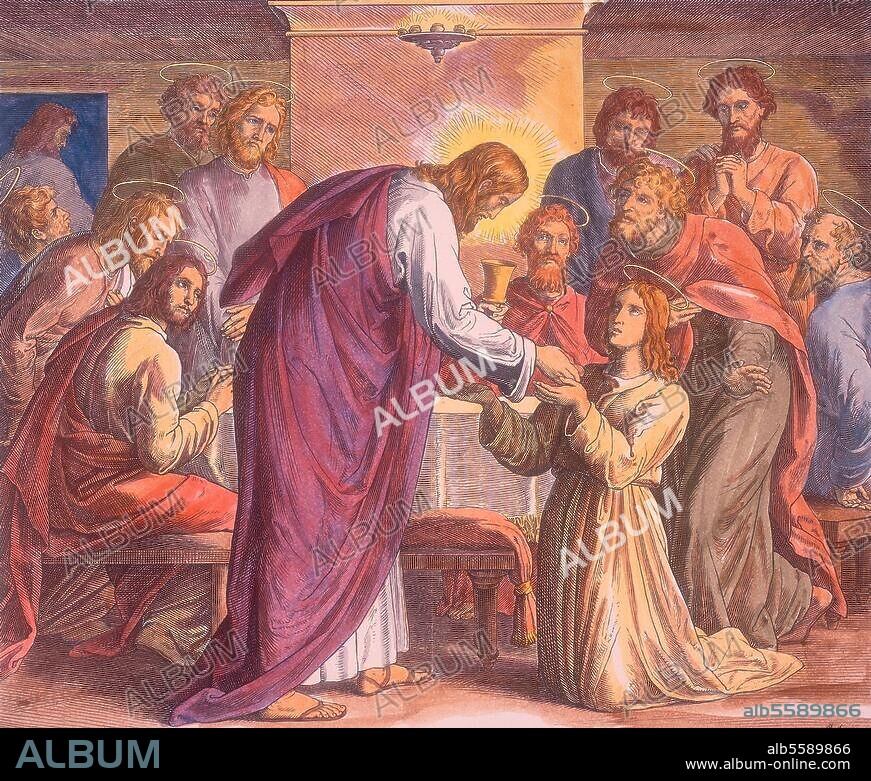JULIUS SCHNORR VON CAROLSFELD. Schnorr von Carolsfeld, Julius. 1794-1874. "The Last Supper". Matthew 26: 26-28. Woodcut, colourised at a later stage. From: Die Bibel in Bildern, Leipzig. (Georg Wigand) 1860, sheet 207. Berlin, Sammlung Archiv für Kunst und Geschichte.