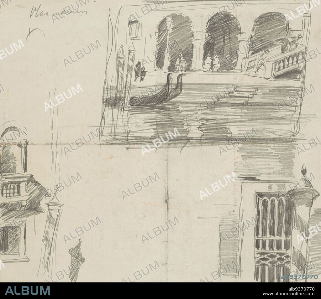 Above the stairs to the Rialto Bridge with two gondolas, Details of buildings on the Grand Canal in Venice, draughtsman: Willem Witsen, Venice, c. 1914 - c. 1919, h 210 mm × w 235 mm, Willem Witsen, c. 1914 - c. 1919.