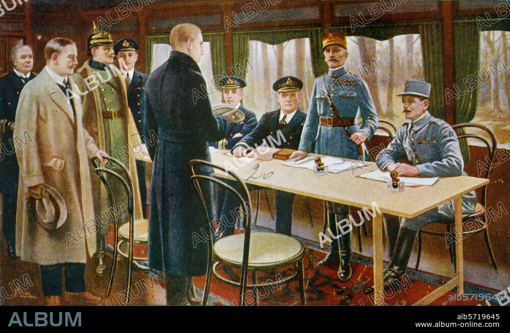 ANONYMOUS. World War 1 1914-18 / Armistice between Germany and the Aliies in the Forest of Compiègne on 11th November 1918. "Signature de l'Armistice (...) ". French picture postcard (Col. print from a painting), c. 1918. Paris, Private collection.