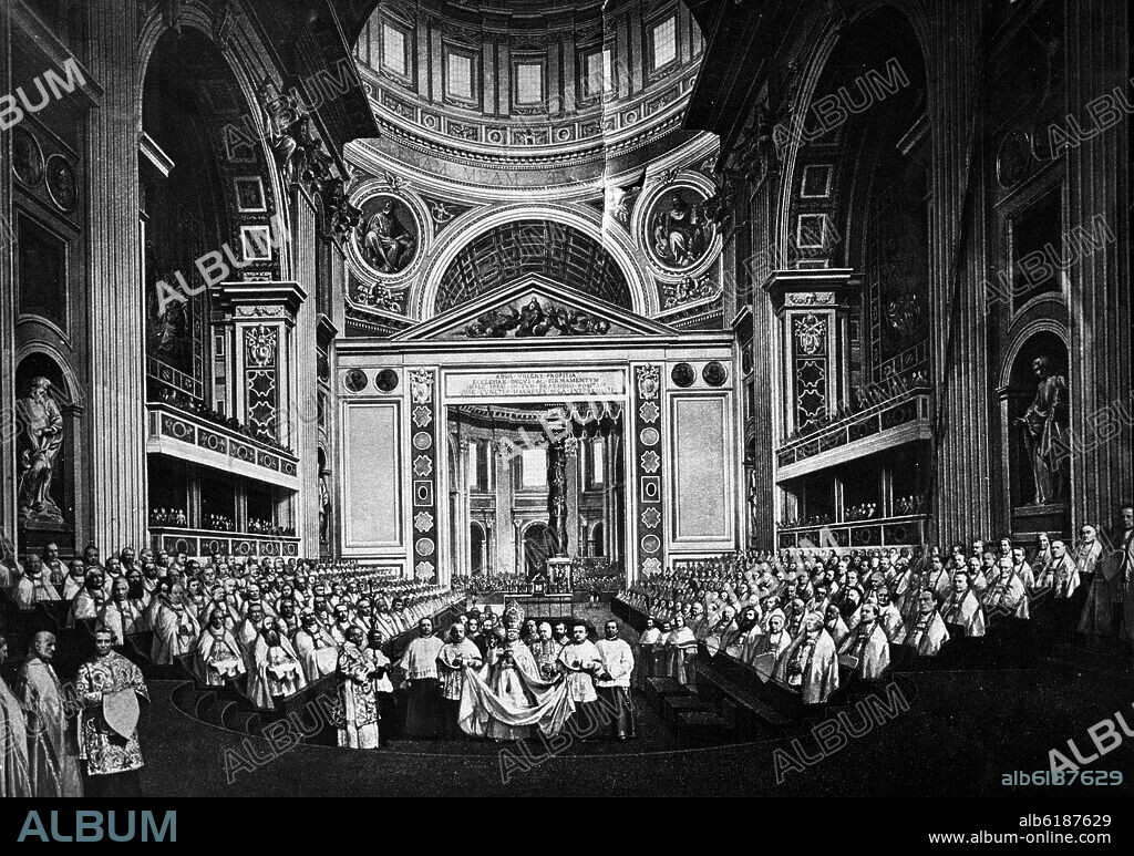 SESION DEL CONCILIO VATICANO I (1869-1870) - BASILICA DE SAN PEDRO DEL VATICANO - GRABADO SIGLO XIX.