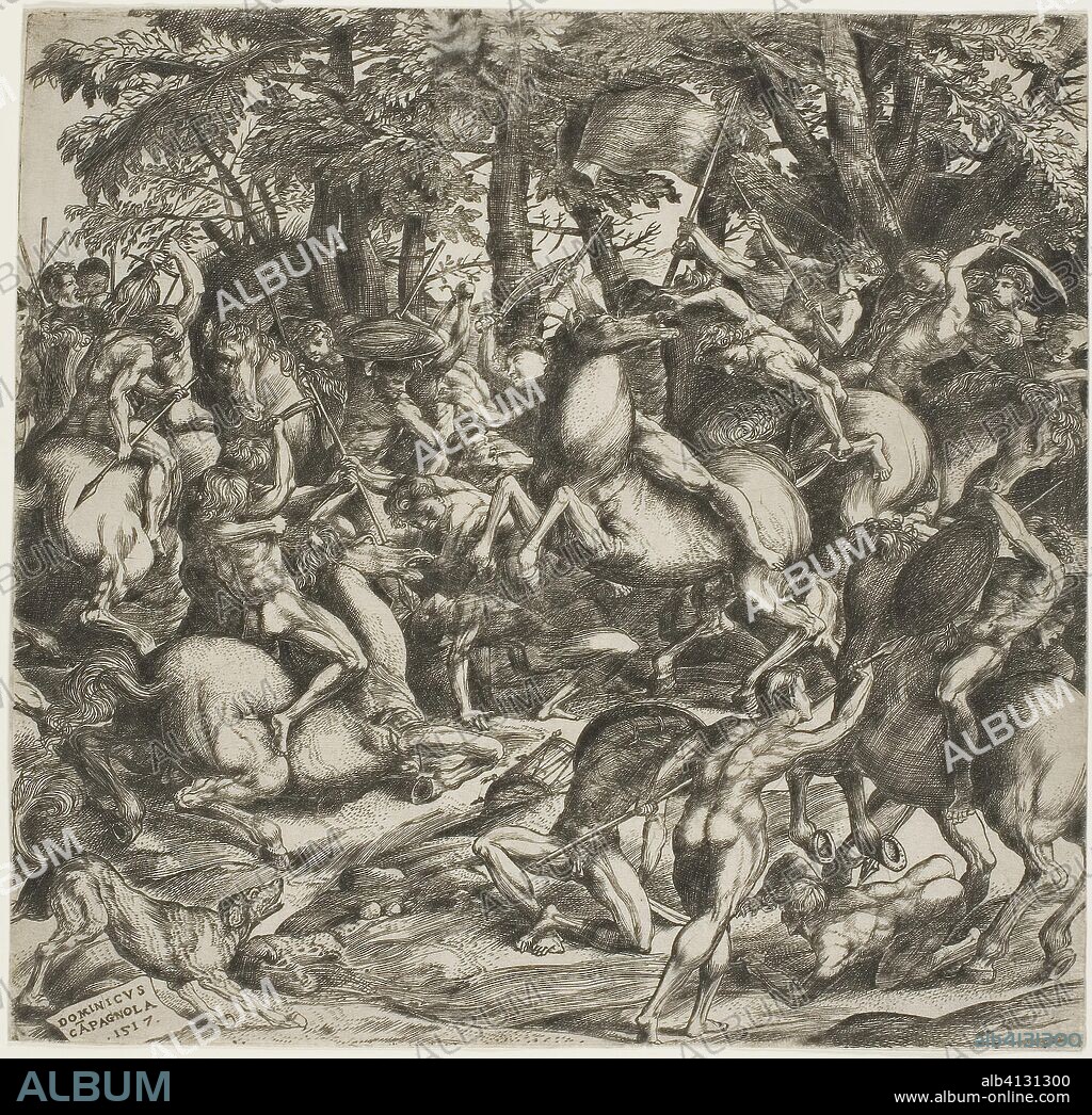 Battle of the Naked Men. Domenico Campagnola; Italian, c. 1500-1564. Date: 1517. Dimensions: 220 × 230 mm. Engraving on ivory laid paper. Origin: Italy.