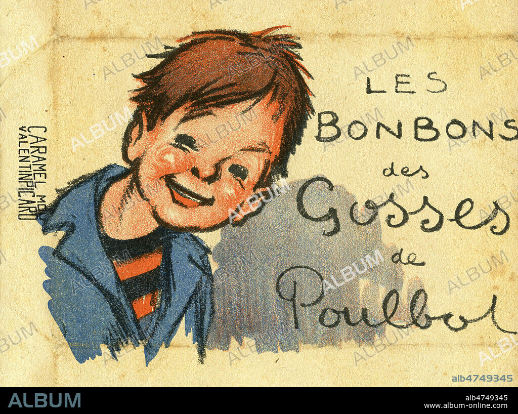 FRANCISQUE POULBOT. 'Les bonbons des gosses de Poulbot'. Emballage de caramel mou de 1923. Illustration par POULBOT (1879-1946). Credit : Collection IM/KHARBINE-TAPABOR.