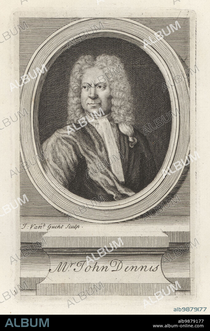 John Dennis, English dramatist and literary critic, 1657-1734. Coffee house wit, inventor of new stage thunder. Portrait in powdered wig, cravatte and robe. Original plate by John Vandergucht. Copperplate engraving from Samuel Woodburns Gallery of Rare Portraits Consisting of Original Plates, George Jones, 102 St Martins Lane, London, 1816.