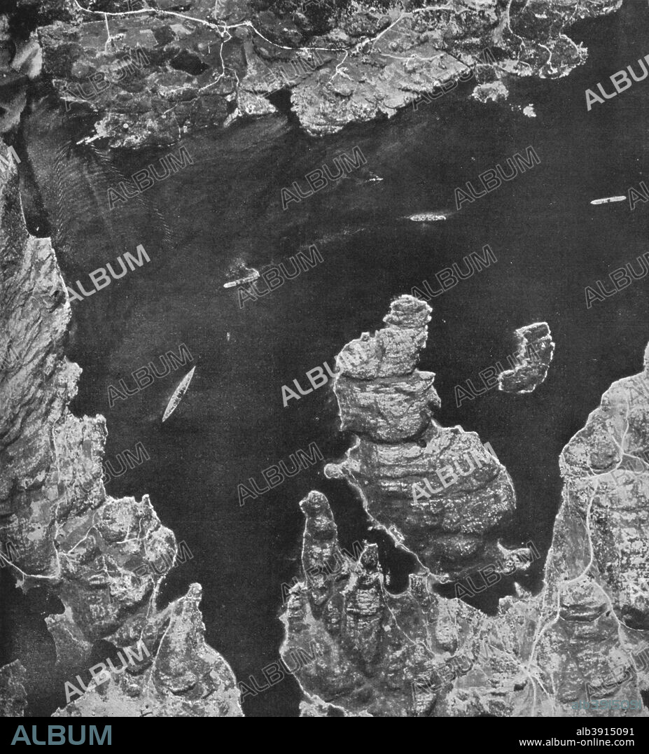 The picture that sank a battleship, 1941 (1943). A reconnaissance photograph taken by Spitfire pilot Flying Officer Michael Suckling showing  the German battleship 'Bismarck' moored in Grimstadfjord, Norway, on 21 May, 1941. The battleship was sunk in the Atlantic by British naval forces on 27 May. From Coastal Command. [His Majesty's Stationery Office, London, 1943].