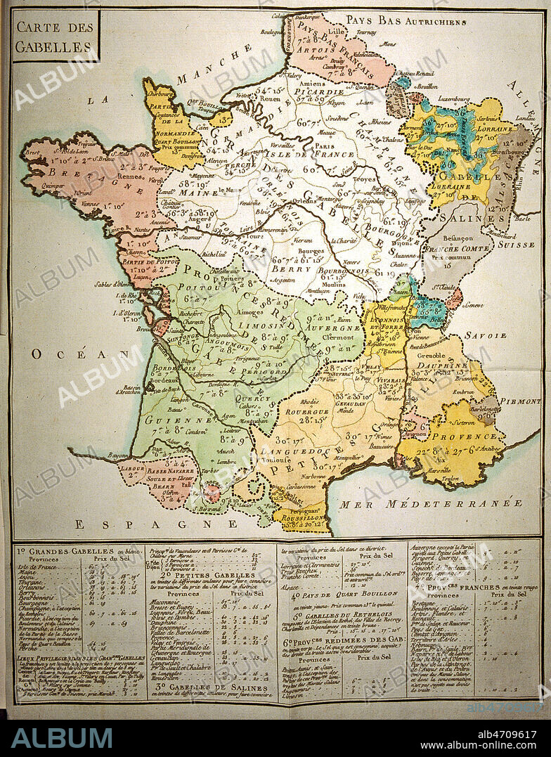 Carte des gabelles, tiree de l'ouvrage de NECKER (1732-1804) 'Compte-rendu au roi...' publie en 1781 (XVIIIe, 18e, 18eme s.). Ouvrage conserve a la bibliotheque municipale de Versailles. Credit : Collection JEAN VIGNE / KHARBINE-TAPABOR.