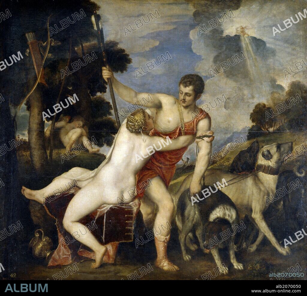 Vecellio di Gregorio Tiziano / 'Venus y Adonis', 1554, Escuela Italiana, Óleo sobre Lienzo, 186 cm x 207 cm, P00422.