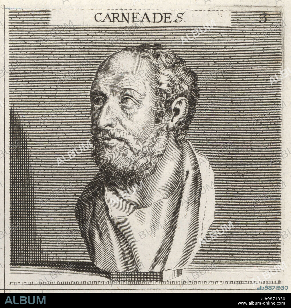 Carneades, Greek philosopher and head of the Skeptical Academy in ancient Greece, c.214-128 BC. Carneades. Copperplate engraving after an illustration by Joachim von Sandrart from his LAcademia Todesca, della Architectura, Scultura & Pittura, oder Teutsche Academie, der Edlen Bau- Bild- und Mahlerey-Kunste, German Academy of Architecture, Sculpture and Painting, Jacob von Sandrart, Nuremberg, 1675.