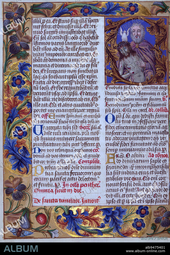 Masters of the Dark Eyes Missal, Initial S with the Throne of Grace, This Latin Missal was written in Utrecht, Netherlands, ca. 1500. Portraits of the original owners, whose names are not recorded, are accompanied by heraldry indicating that the husband was of the family of St. Férréol of Dauphiné; the wife was of the Cambronne of Ponthieu family. The manuscript is heavily illuminated with more than fifty historiated initials and miniatures by a group of artists known in scholarship as the 'Masters of the Dark Eyes.' The marginal decoration is also notable, for along with naturalistic flowers, insects, and jewels, there are several instances where the margin itself is historiated. This Missal provides an excellent example of the 'Masters of the Dark Eyes' style, and there are a number of related manuscripts that have been identified by these same artists.