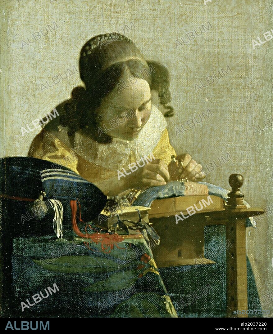 JAN VERMEER. Johannes Vermeer / 'La encajera', hacia 1669, Óleo sobre lienzo, 25 x 21 cm.