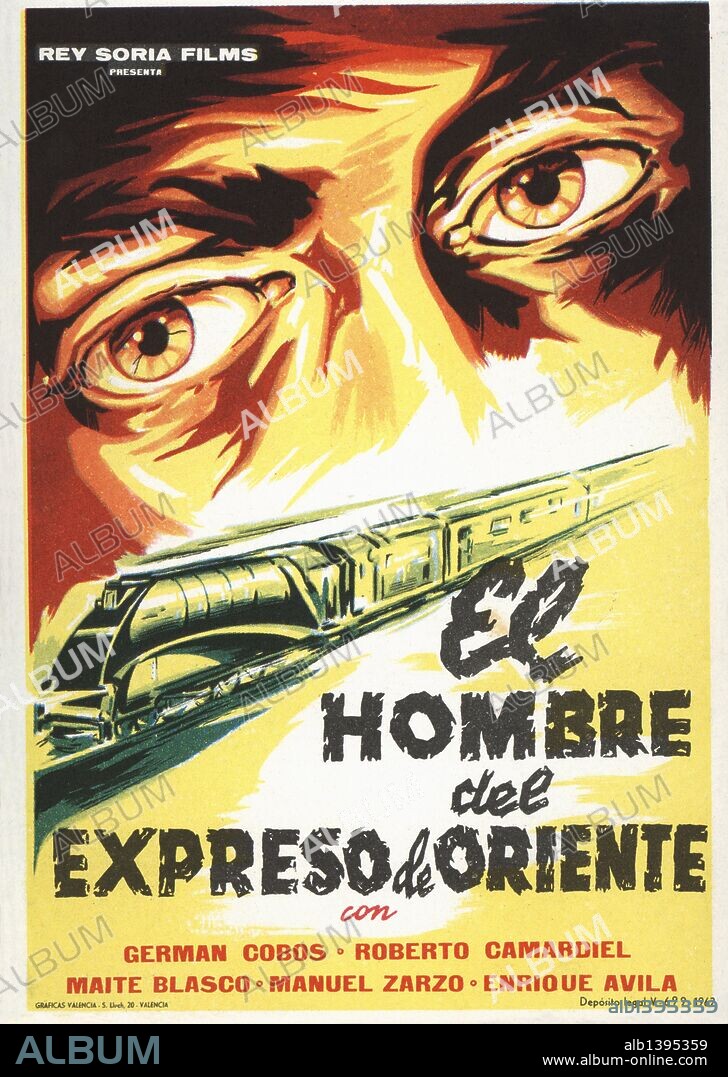 Cartel de la película El Hombre del Expreso de Oriente, con Fernán Cobos y Roberto Camardiel, dirigida por Francisco García. España, 1961.