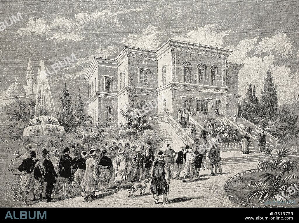 Demonstration outside the residence of the Viceroy, Cairo, Egypt, drawing by Bonola, engraving from L'IIllustrazione Italiana, no 25, June 18, 1882.