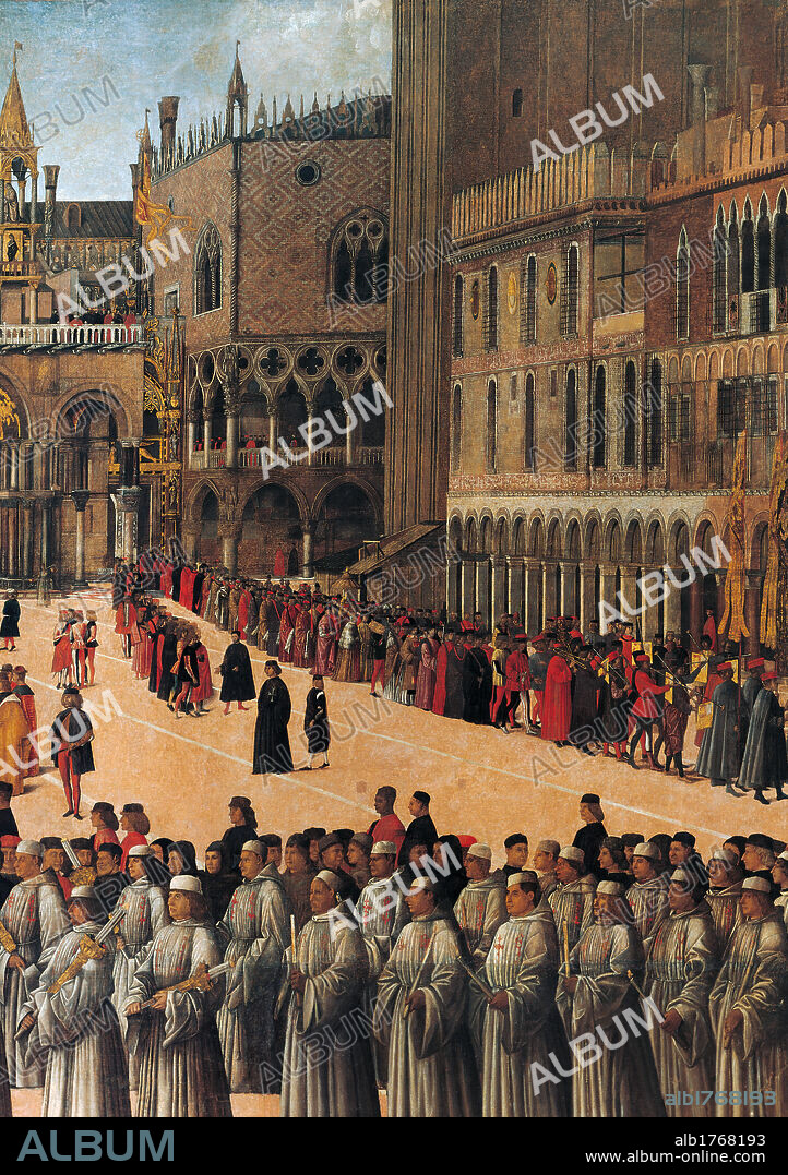 Procession in St Marks Square, by Gentile Bellini, 1496-1500, 15th Century, canvas,. Italy, Veneto, Venice, Accademia Art Galleries. Detail. Right side of the square and part of the facade of St Mark. Procession priests habits tunics pace buildings crowd colonnade gothic arches windows buildings dark tones shades hues red black beige gray white liturgy. Authorization required for non editorial use.
