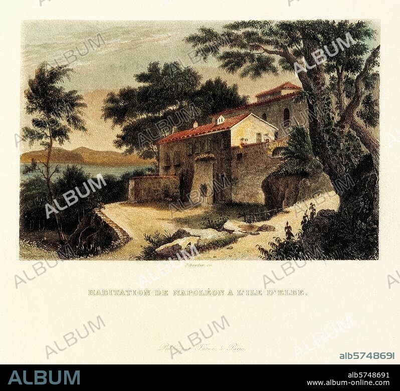 ANONYME. Napoléon Ier Bonaparte, empereur des Français, 1769-1821. Résidence de Napoléon à San Martino sur l'île d'Elbe (après son abdication, du 3 mai 1814 au 26 février 1815). - "HABITATION DE NAPOLÉON A L'ILE D'ELBE". Gravure sur acier, coloriée (milieu du 19ème siècle). Paris, coll. particulière.