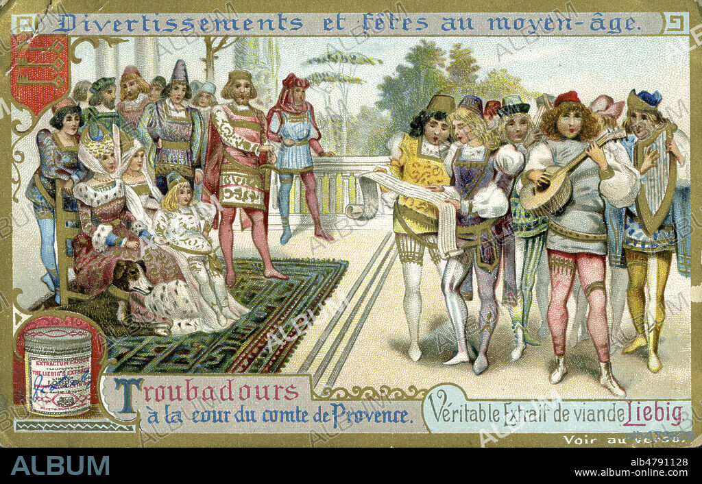 'Troubadours a la cour du comte de Provence'. Chromo publicitaire Liebig de 1902, serie intitulee 'Divertissements et fetes au moyen-age'. Illustration anonyme. Credit : Collection IM/KHARBINE-TAPABOR.