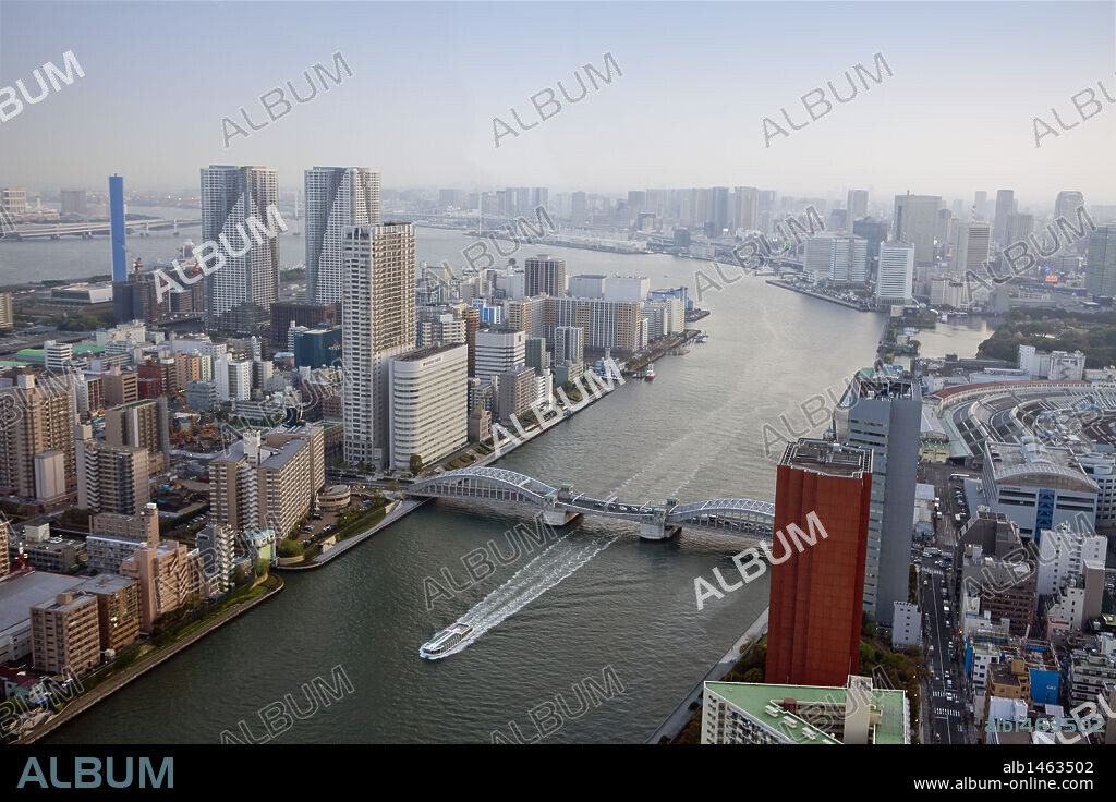 Japan. Tokyo. Overview of the Chuo Ku District with the Sumida River.