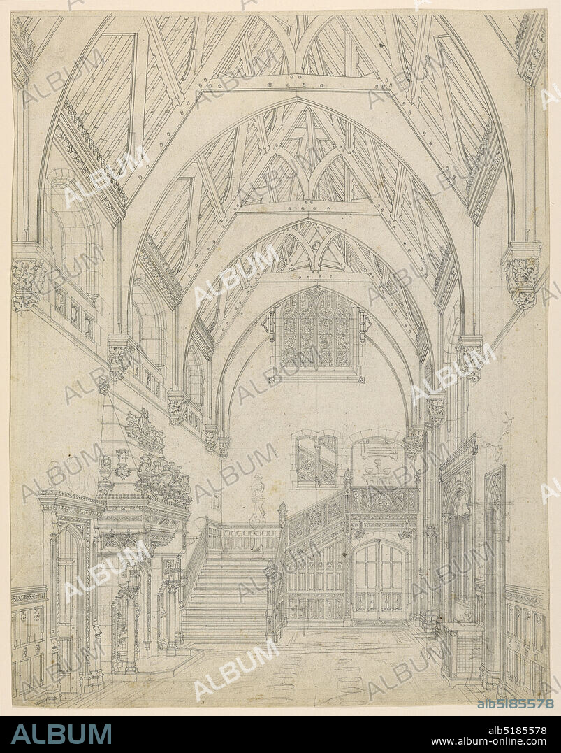 Gothic Country House: Entrance Hall, Graphite on paper, A perspective view of a large entrance hall, looking toward the staircase. A high ceiling, covered by a timber roof of the collar-braced type, in the English Gothic style. Left, elaborate mantelpiece and doorway on wall. Right, doorway and window on wall., England, 183540, interiors, Drawing, Drawing.