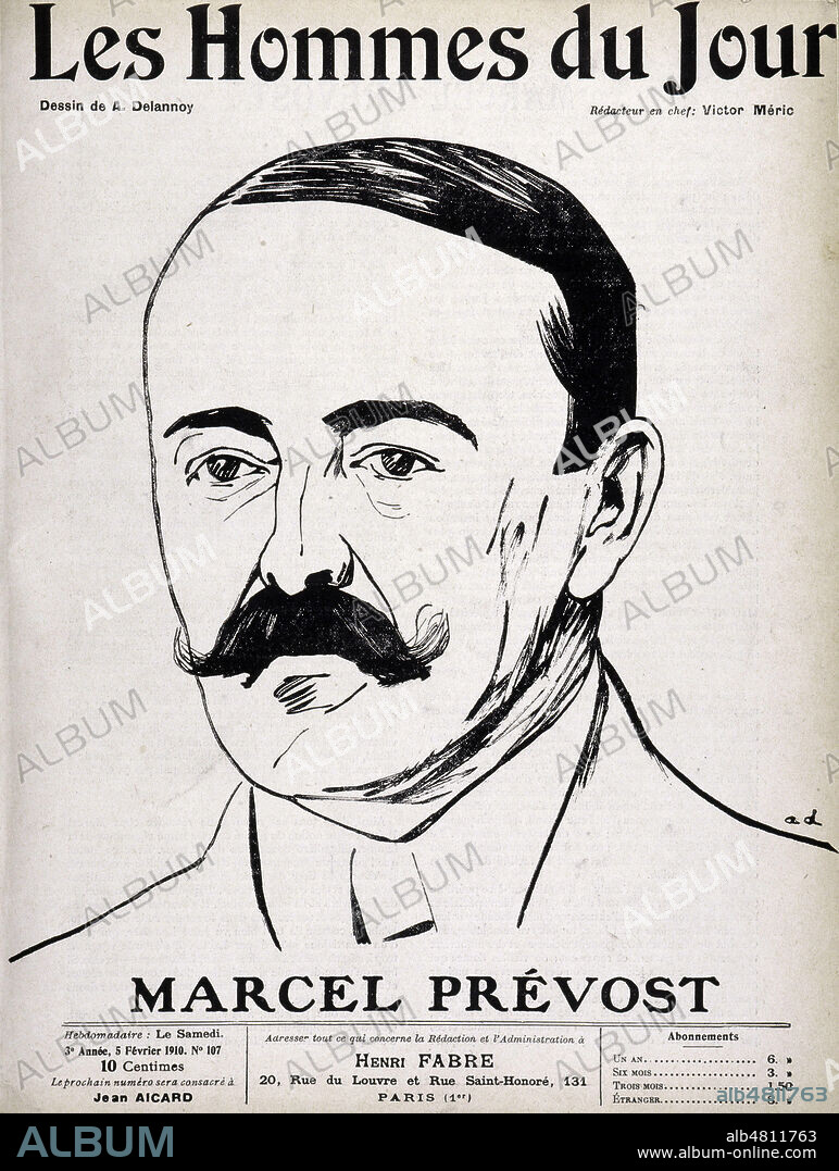 'Marcel PREVOST (1862-1941)'. Illustration par Aristide DELANNOY (1874-1911)pour 'Les Hommes du Jour' du 5/02/1910. Credit : Collection KHARBINE-TAPABOR.