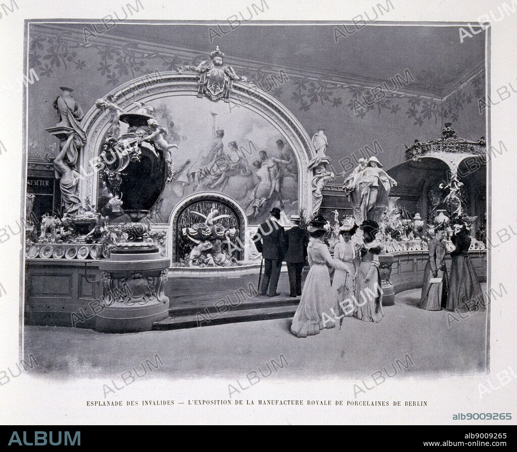 Exposition Universelle (World Fair) Paris, 1900; The Exposition Universelle of 1900, better known in English as the 1900 Paris Exposition, was a world's fair held in Paris, France, from 14 April to 12 November 1900, to celebrate the achievements of the past century and to accelerate development into the next. The style that was universally present in the Exposition was Art Nouveau. The fair, visited by nearly 50 million, displayed many technological innovations; black and white photograph of Esplanade des Invalides and the Exhibit of Royal Porcelain manufactured in Berlin.