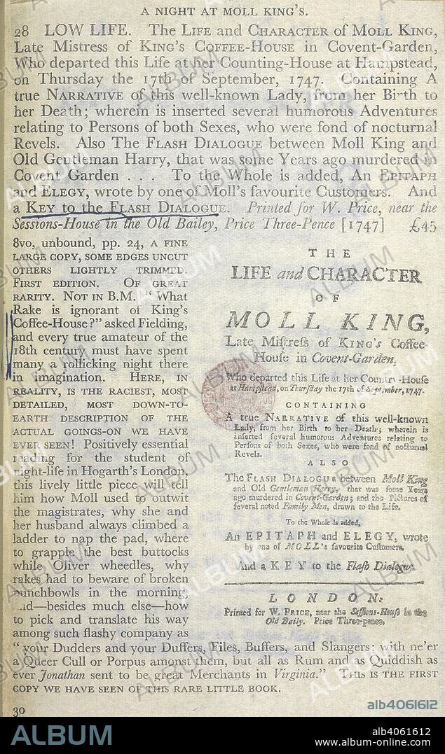 Frontispiece of 'The Life and Character of Moll King'. The Life and Character of Moll King, late mistress of King's Coffee-House in Covent-Garden ... Containing a true narrative of this well-known lady, from her birth to her death ... London : W. Price, [1747]. Source: C.133.dd.7, frontispiece. Language: English.