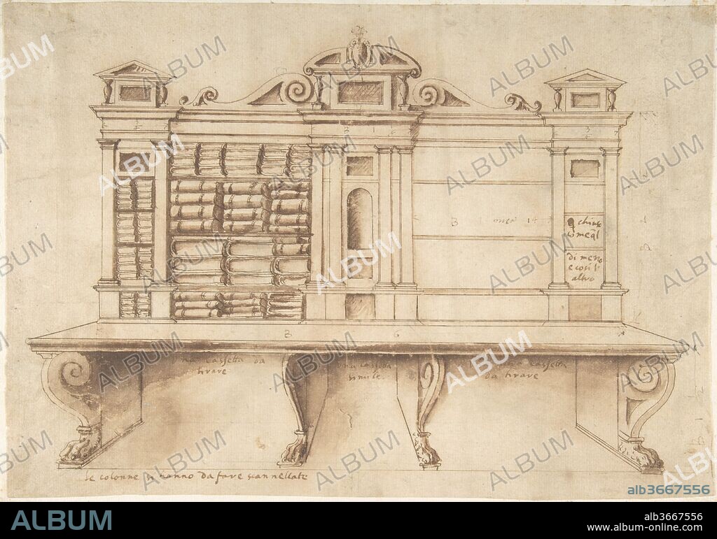 Design for a Bookcase with Writing Desk. Artist: Anonymous, Italian, 16th century (Italian, active Central Italy, ca. 1550-1580). Dimensions: 8-3/4 x 12-1/2 in.  (22.2 x 31.8 cm). Date: ca. 1550-70.
This design combines a case for book storage with a writing desk and is therefore essentially a precursor to the secretary desk which would emerge in the 17th century. Since not many bookcases from before 1600 survive, this drawing is highly informative. Half of it has been filled with books and it shows how the different compartments were used for books of various sizes. The inscriptions below the desk mention 'casette a tirare' which indicates that the design also incorporated three drawers: an element that would not become common in furniture until the early 17th century.