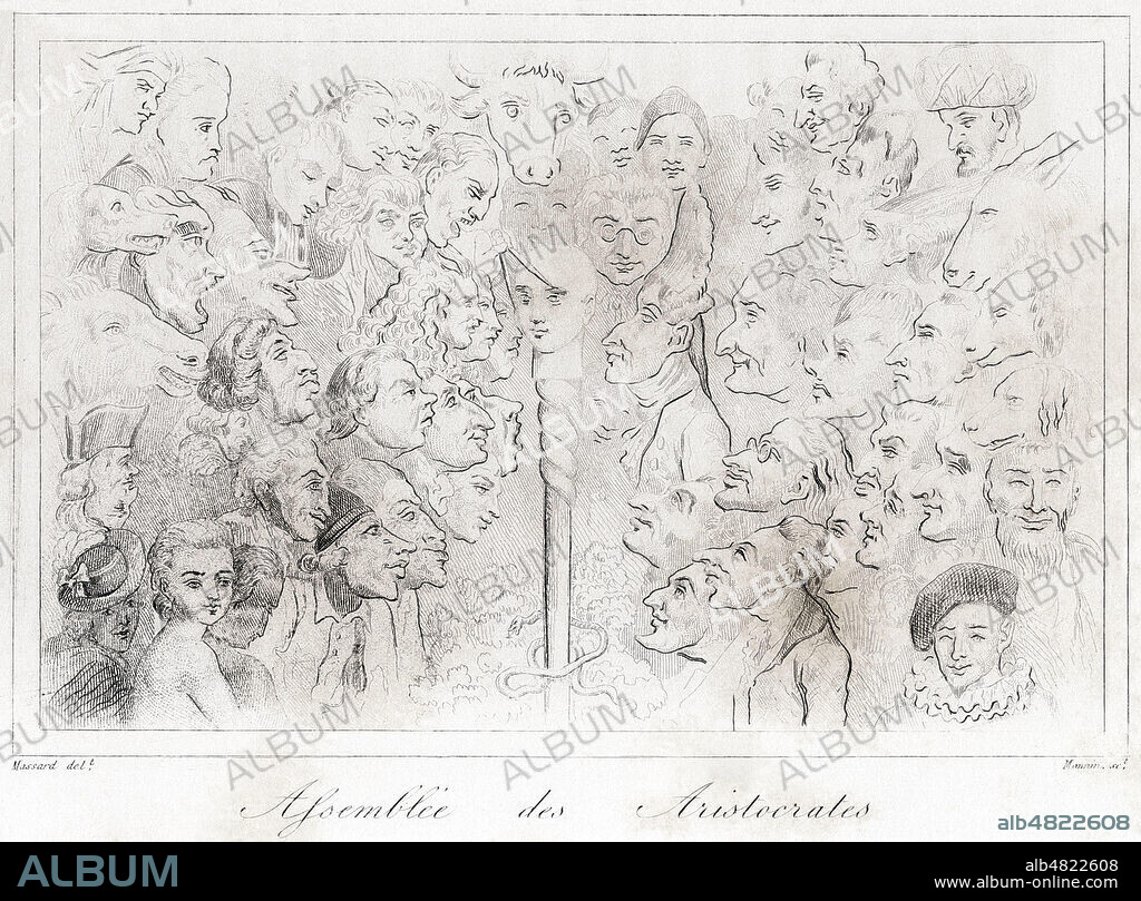Assemblee des aristocrates. Caricature de 1790 reprise par Leopold MASSARD (1812-1889) en 1842 dans Histoire-Musee de la Republique francaise de Augustin CHALLAMEL (1818-1894). Credit : Collection Jonas/Kharbine-Tapabor.