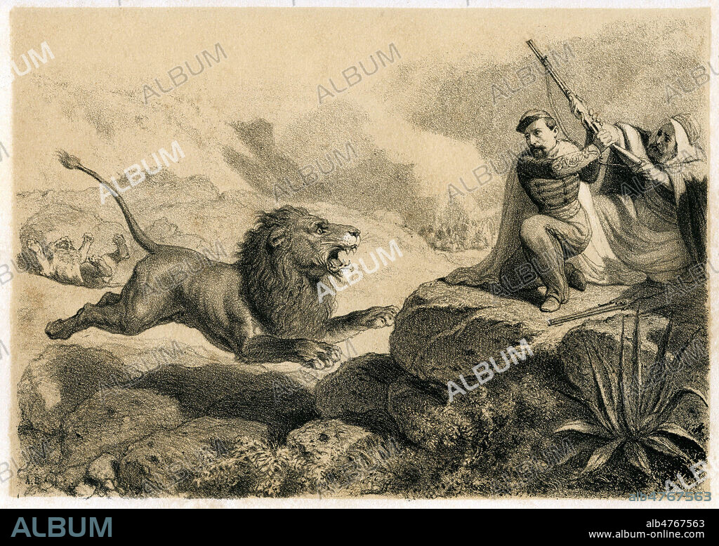 Coup double (couple de lions tues par Jules Gerard en Algerie). illustration de 1862 par Auguste HADAMARD (1823-1886) pour la premiere edition de Le tueur de lions par Jules GERARD (1817-1864). Credit : Coll. Jonas/KHARBINE-TAPABOR.