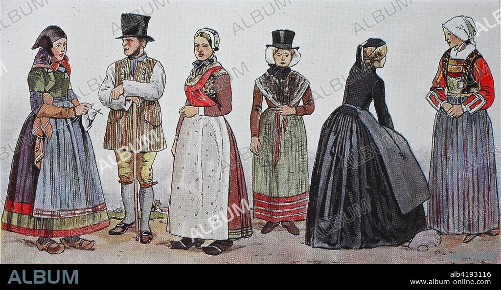 Fashion, clothes in Denmark, folk costumes in the modern history, from the left, wife and husband of Refsnaes, northwest of Zealand, then a woman from the island of Dreioe, south of Funen, girl from office Ringkjoebing, an Icelandic woman and a woman from the southern Jutland, digital improved reproduction from an original from the year 1900.