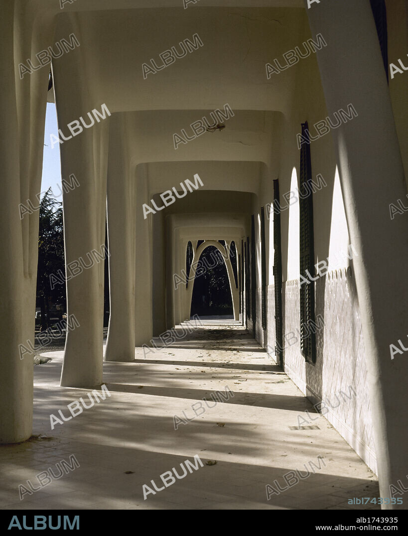 LLUÍS MUNCUNILL I PARELLADA (1868-1931). SPANISH ARCHITECT.. Masia Freixa (1907-1914). Modernist building located in the Parc de Sant Jordi. Its construction dates back to 1896, being renovated by the modernist architect Lluís Muncunill. (1868-1931), transforming the original factory into the residence of the textile industrialist Josep Freixa. Architectural detail of the porch. Terrassa. Province of Barcelona. Vallès Occidental region. Catalonia. Spain.