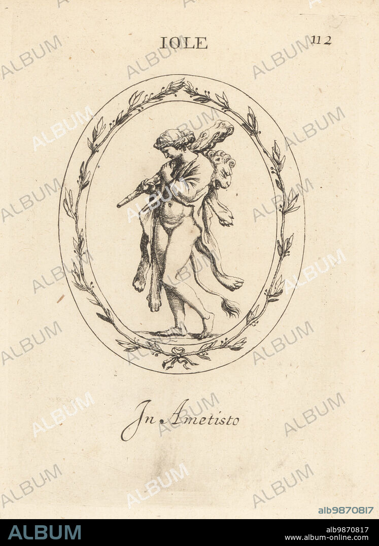 Iole wearing Heracles' Nemean lionskin and holding his club. Iole was the daughter of King Eurytus of Oechali. In amethyst. Iole. In ametisto. Copperplate engraving by Giovanni Battista Galestruzzi after Leonardo Agostini from Gemmae et Sculpturae Antiquae Depicti ab Leonardo Augustino Senesi, Abraham Blooteling, Amsterdam, 1685.