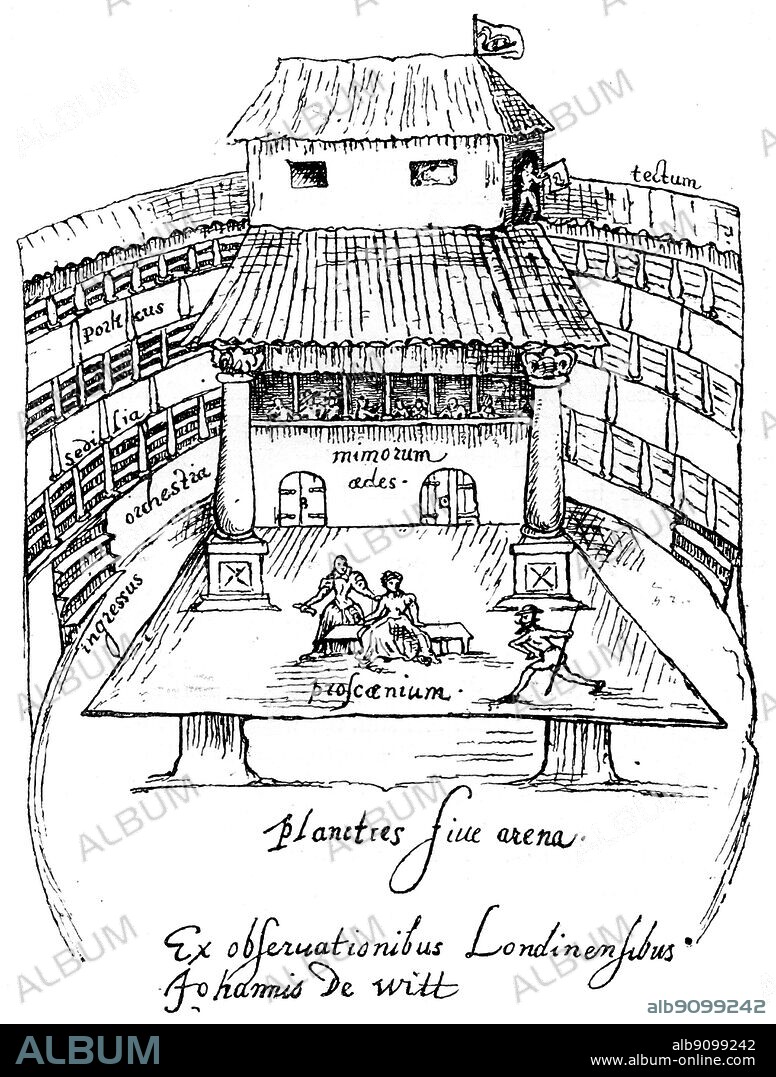 The Swan Theatre, London, 1596, (1893). The Swan theatre was built by Francis Langley in c1595. The last known mention of the theatre dates from 1632. After a drawing in the University Library, Utrecht, in Gaedertz, "Zur Kenntniss der Alt-Englischen Buhne". An illustration from "A Short History of the English People", by John Richard Green, illustrated edition, Volume II, Macmillan and Co, London, New York, 1893.