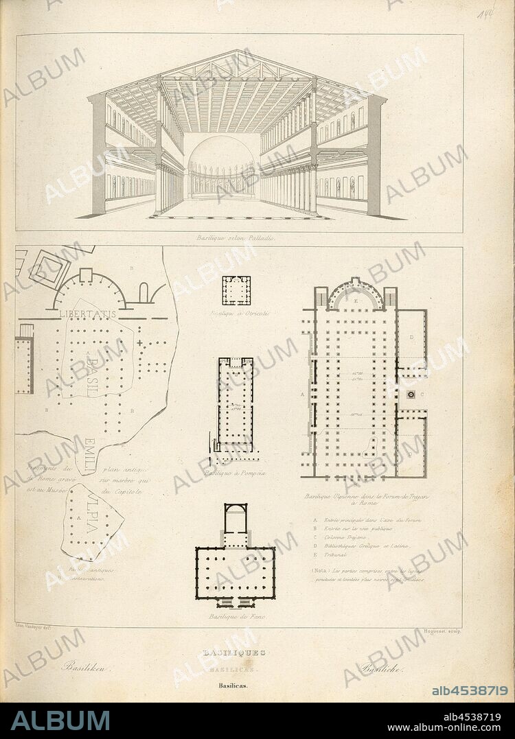 Baskets, Floor plans of basilica and basilica after Palladio, signed: Léon Vaudoyer (del.); Huguenet (sculp.), Fig. 86, p. 359, Vaudoyer, Léon (del.); Huguenet (sc.), 1853, Jules Gailhabaud: Monuments anciens et modernes. Bd. 1. Paris: Librairie de Firmin Didot frères, 1853.