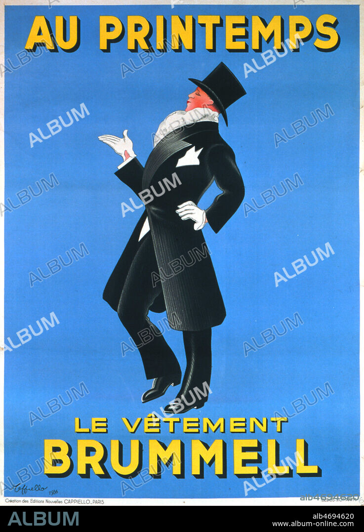 Affiche publicitaire pour les vetements Brummell publiee par le magasin du Printemps. Illustration de CAPPIELLO (1875-1942) realisee en 1936. En 1930 en hommage a Beau Brummell le Printemps appelle sa marque pour homme, Brummell. Credit : Coll. Perrin/KHARBINE-TAPABOR.