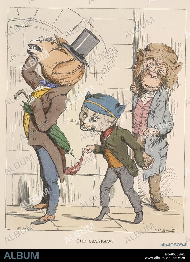 AESOP, C. H BENNETT and J SWAIN. The catspaw. The Fables of Ã†sop and others. Translated into hum. W. Kent & Co.: London, 1857. A cat picking the pocket of an donkey or mule while an ape watches.  Image taken from The Fables of Ã†sop and others. Translated into human nature, designed and drawn on the wood by Charles H. Bennett, etc.  Originally published/produced in W. Kent & Co.: London, 1857. . Source: 12305.g.11, opposite 14. Language: English.