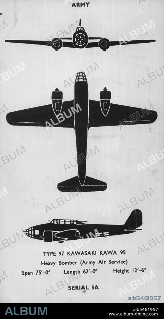 Type 97 Kawasaki Kawa 95 - Heavy Bomber (Army Air Service), Span 75'-0", Length 62'-0", Height 12'-6"00, Serial 5A. December 1, 1941.
