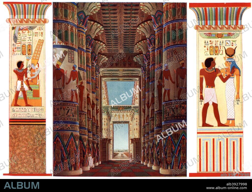 Hall of Columns in the Great Temple of Karnak, Egypt, 1933-1934. Painted piers showing the Pharaoh Amenhotep II offering a lotus flower to Amun, and Amenhotep III with the goddess Hathor. A print from Wonders of the Past, Volume I, 1933-1934.