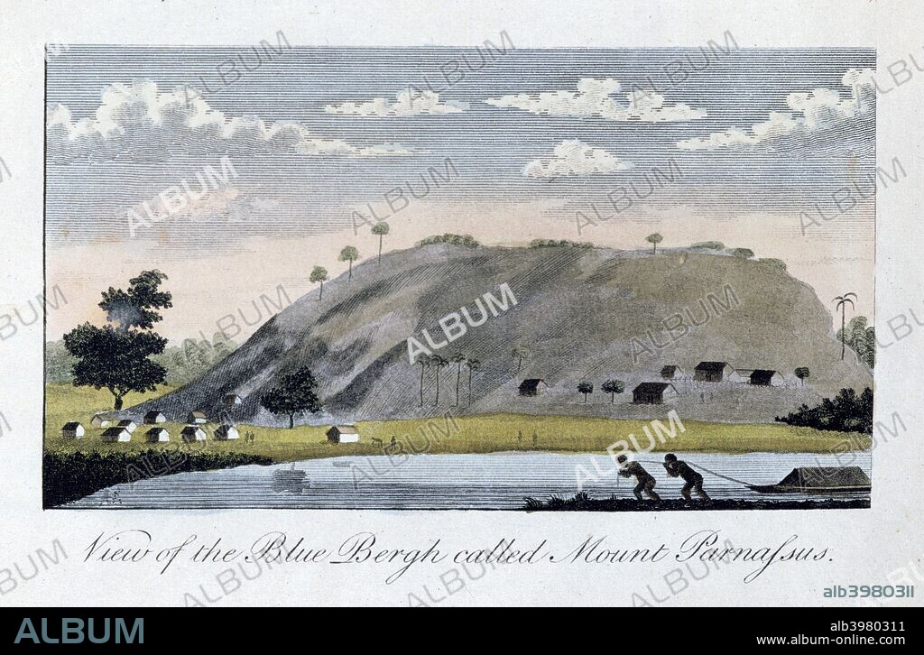'View of the Blue Bergh called, Mount Parnassus', 1813. From 'Narrative, of a Five Years' Expedition, against the Revolted Negroes of Surinam, in Guiana, on the West Coast of South Africa', volume II, by J G Stedman, London, 1813. Engravings were made from drawings by the author.