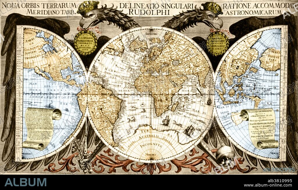 Color enhanced map of the world from Kepler's Tabulae Rudolphinae, quibus astronomicae scientiae, temporum longinquitate collapsae restauratio continetur. The Rudolphine Tables consist of a star catalogue and planetary tables published in 1627 using data from Tycho Brahe's observations. Johannes Kepler (1571-1630) was a German mathematician, astronomer and astrologer. A key figure in the 17th century scientific revolution, he is best known for his works Astronomia nova, Harmonices Mundi, and Epitome Astronomiae Copernicanae. These works also provided one of the foundations for Isaac Newton's theory of universal gravitation. Kepler devised the three fundamental laws of planetary motion. These laws were based on detailed observations of the planets made by Tycho Brahe and himself. Kepler's first law states that the planets orbit the Sun in elliptical paths, with the Sun at one focus of the ellipse. The second law states that the closer a planet comes to the Sun, the faster it moves. Kepler's third law states that the ratio of the cube of a planet's mean distance from the Sun to the square of its orbital period is a constant.