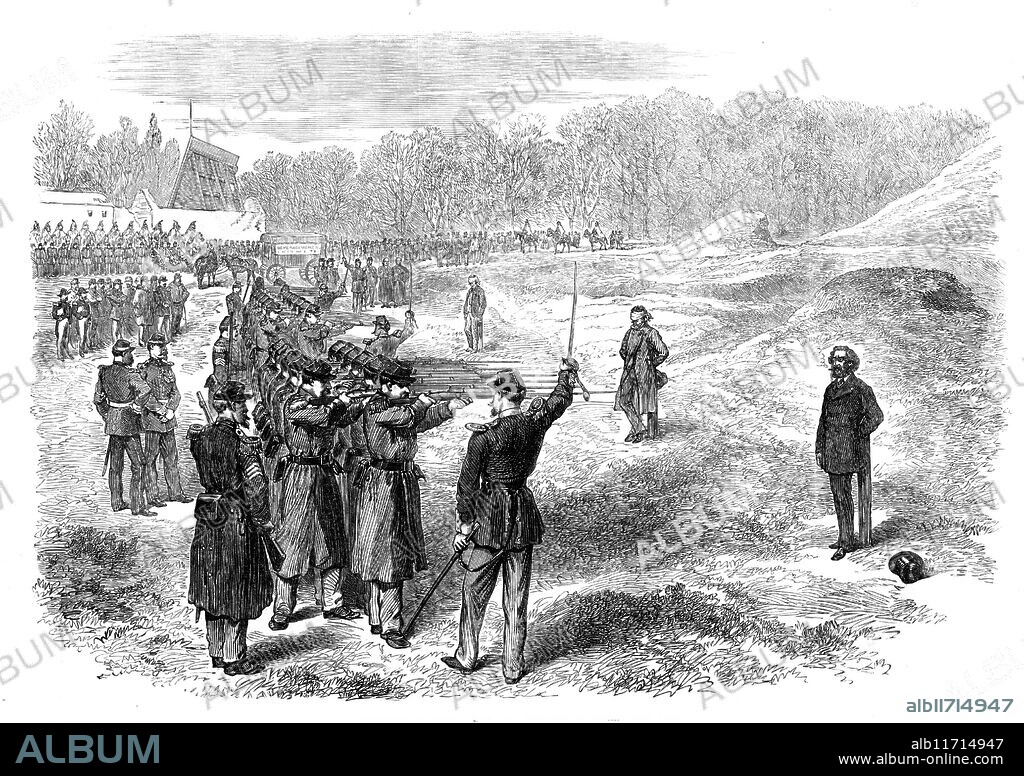 Execution of Rossel, Ferré, and Bourgeois at Satory, near Paris, 1871. 'The execution of the sentence of death passed by the Council of War at Versailles upon the Communist leaders Rossel, Ferré, and Bourgeois, took place in the Polygon of the Camp at Satory, on Tuesday week, at seven o'clock in the morning...before [the three] stakes were the three shooting parties, composed each of twelve men. Rossel...was still calm, and the expression of his face was of perfect peace. There was an entire absence of anything like bravado...Rossel quietly took off his greatcoat, put his back to the stake, standing erect as the bandage was tied over his eyes, and remained motionless. Meantime the other two prisoners approached their respective stakes. Ferré, still smoking, walked up to the stake with a short, quick step, turning sharply round and boldly facing the shooting party. When the white handkerchief, like that with which the eyes of the other two were bandaged, was produced for him, he waved his hand in token of rejecting it, flung his hat carelessly upon the ground, drew himself up, and waited unflinchingly for the fatal word...The three shooting parties advanced simultaneously to within ten paces of the stakes, and fired together...'. From "Illustrated London News", 1871.