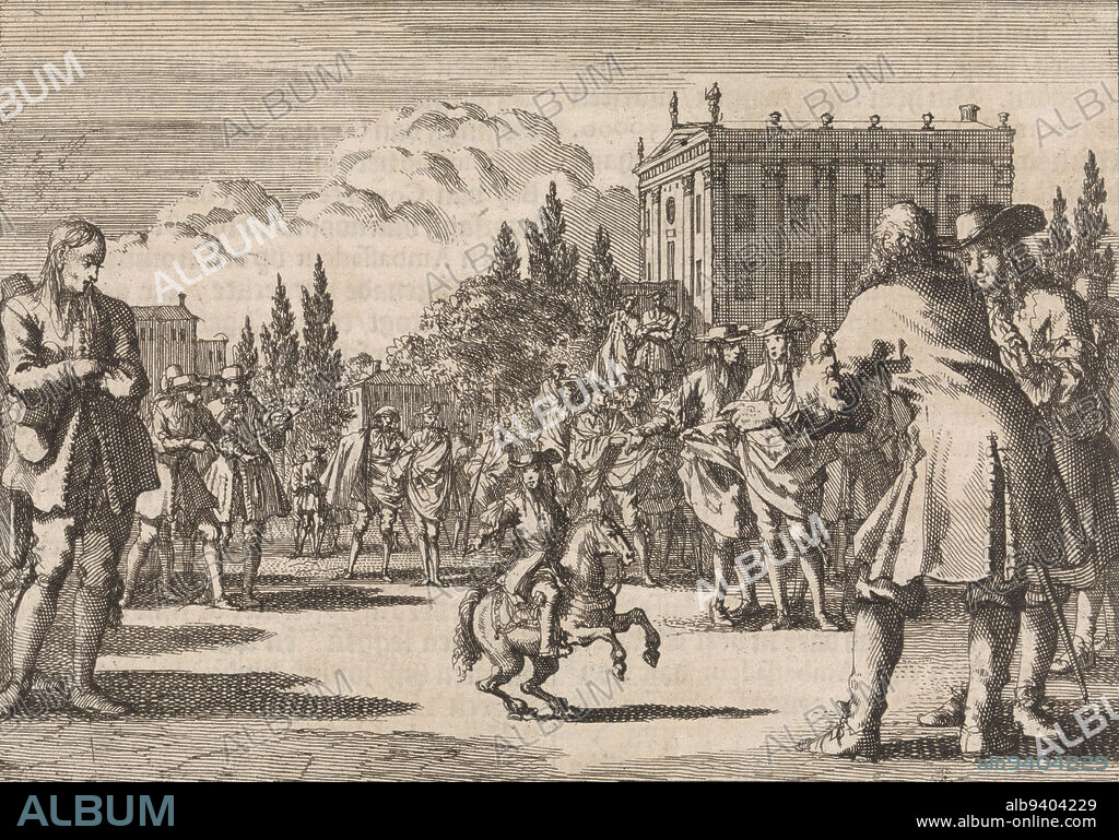 In a square in Madrid a crowd has gathered around Louisillo, the dwarf of the king of Spain, 1675, print maker: Jan Luyken, publisher: Pieter van der Aa (I), print maker: Amsterdam, publisher: Leiden, 1698, paper, etching, letterpress printing, h 110 mm × w 153 mm.