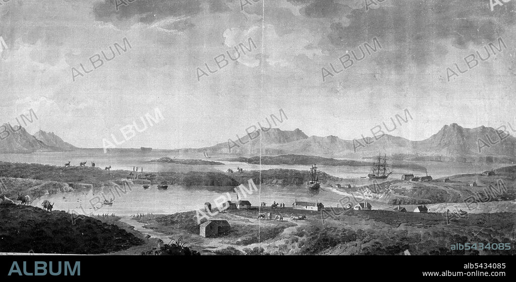 MALASPINA , ALEJANDRO. MARINO ITALIANO . 1754 - 1809. EXPEDICION CIENTIFICA 1789 - 1794. ISLAS MALVINAS. " VISTA DE LA DARSENA Y EL ESTABLECIMIENTO DE LA SOLEDAD ". DIBUJO A PLUMA DE FERNANDO BRAMBILA. MUSEO NAVAL . MADRID.