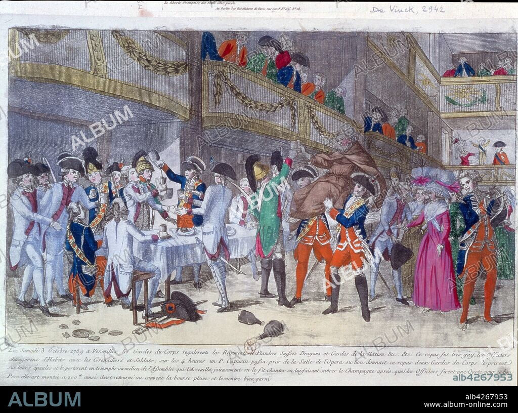 October 3rd banquet des Gardes du Corps du Roi in Versailles, which Louis XVI, Marie-Antoinette and the Dauphin attended at dessert time, the King's guards put on the white royal cocarde. The false news quickly reaches Paris that the guards had trampled on the tricolor and causes outrage. This was set against the backdrop of the French Revolution of 1789.