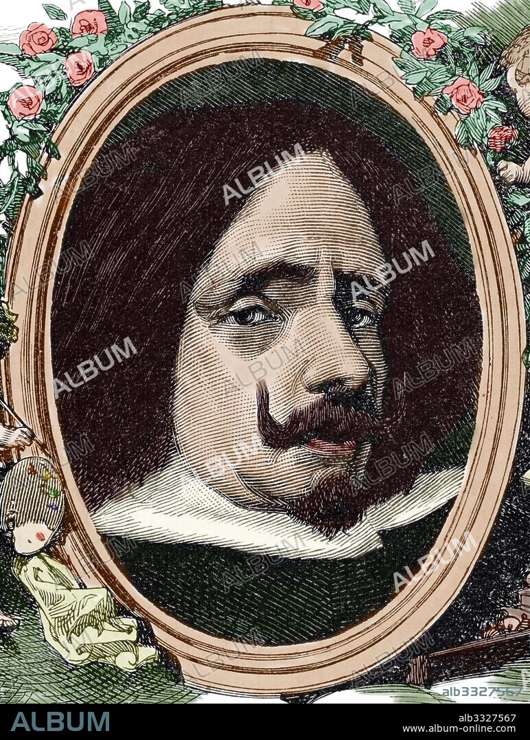 Diego Velazquez (1599-1660). Spanish painter. Baroque era. Portrait. Engraving by Arturo Carretero (1852-1903). Almanaque de La Ilustracio_n, 1880. Colored.