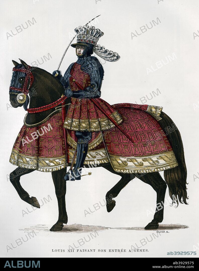 Louis XII, King of France, on horseback, 1498-1515 (1882-1884). Louis XII (1462-1515) became King of France in 1498. He was a popular king, and had the title 'Father of the People' conferred upon him by the Estates General in 1506. He pursued an active foreign policy, pursuing claims to the territories of the Duchy of Milan and the Kingdom of Naples. A print from La France et les Français à Travers les Siècles, Volume III, F Roy editor, A Challamel, Saint-Antoine, 1882-1884.