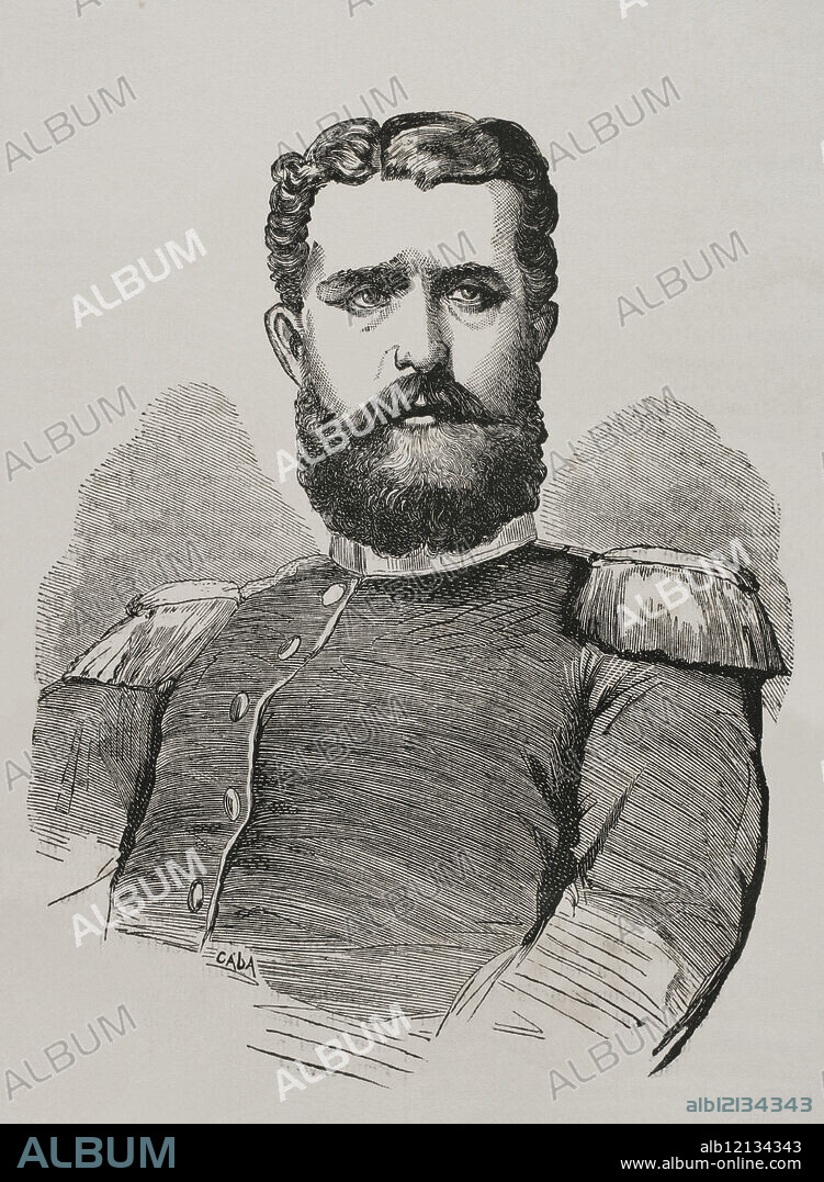 Leopoldo de Hohenzollern-Sigmaringen (1835-1905), príncipe de Hohenzollern. Noble, político y militar prusiano de la casa de Hohenzollern. Tras el derrocamiento en 1868 de la reina Isabel II de España (1830-1904), el general Juan Prim propuso en 1870 al príncipe de Hohenzollern para el trono español. Retrato. Grabado por Caba. "Historia de la Guerra de Francia y Prusia". Tomo I. Publicado en Barcelona, 1870.