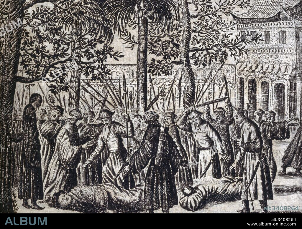 Emperor Chongzhen, (1611 -1644), last emperor of the Ming dynasty is depicted as murdered by a mob.  From voyages made to Persia and India 1727, by Johan Albrecht de Mandelslo (1616–1644). seventeenth-century German adventurer, who wrote about his travels through Persia and India..