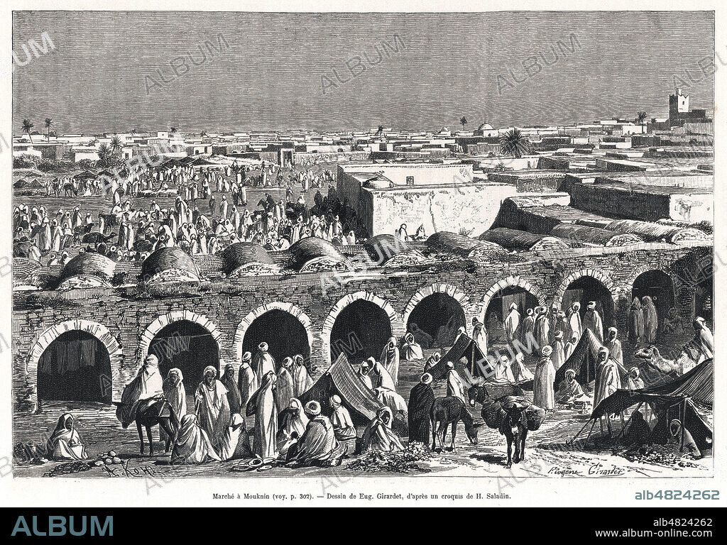 Marche a Mouknin. Illustration de Eugene GIRARDET (1853-1907) pour Voyage en Tunisie par Rene CAGNAT (1852-1937) et Henri SALADIN (1851-1923) repris dans Le Tour du Monde de 1885. Credit : Collection Kharbine-Tapabor.